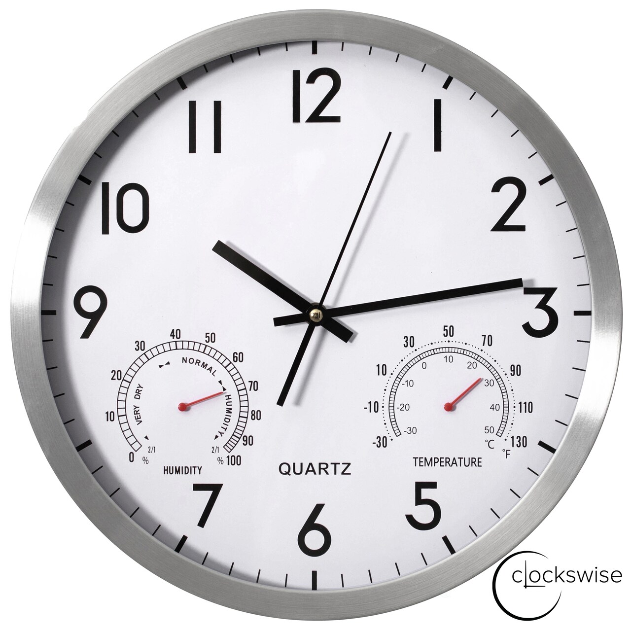 Clockswise Non-Ticking Quartz Wall Clock with Thermometer & Hygrometer - Battery Operated Aluminum Analog Clock for Temperature & Humidity Monitoring - Ideal for Home, Office or School, Silver